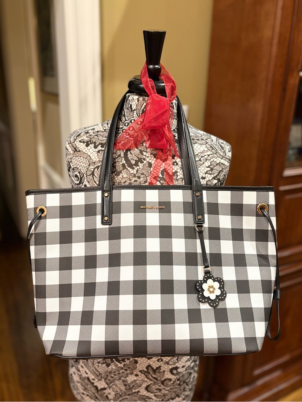 Michael Kors Black & White Checkered Gingham Tote